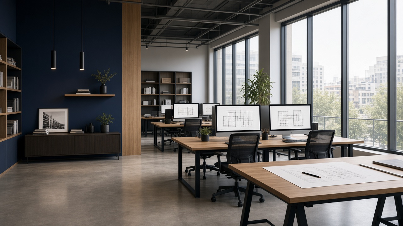 Design office with drafting tables and plan monitors